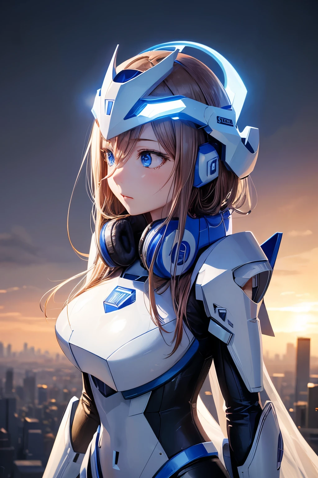 highest image quality taken by Ki, Outstanding Details , super high res, (Faithfulness: 1.4), best illustration, , one very condensed girl, The camera , Wore light blue and white mecha, wearing a mecha helmet , A high-tech lighting scene of a , Wearing, The background is a high-tech lighting scene in a futuristic city.