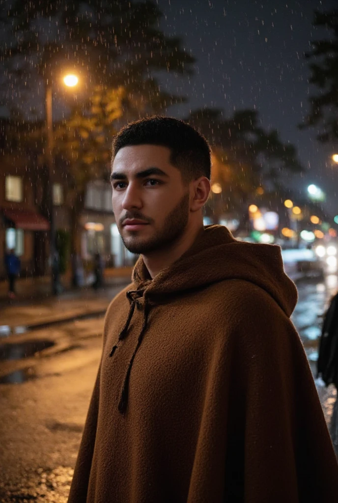 In the midst of a heavy rain cascade, a man stands resolutely, his face a portrait of intense concentration, with droplets clinging to his eyelashes He wears a sumptuous, earthy-toned woolen poncho, its luxurious yarn w00len draping comfortably around him, striking a perfect balance between trendy and functional. Soft, cinematic lighting picks out the raindrops on his face and the textured surface of his poncho, creating a striking interplay of light on water-soaked fibers. Against a blurry, nighttime city street backdrop, with warm, diffused lights barely visible through the cascade, the scene exudes a moody, cinematic atmosphere. 4K UHD, Realistic:1.9, 8K Photo, HDR, Cinematic Shot, Dynamic Lighting, Technicolor, Panavision, Cinemascope, Sharp Focus, Fine Details, Realism, Realistic, Key Visual, Film Still, Cinematic Color Grading, Depth of Field, Professional Lighting, Taken with Canon EOS R5, 75mm Lens.,AiARTiST