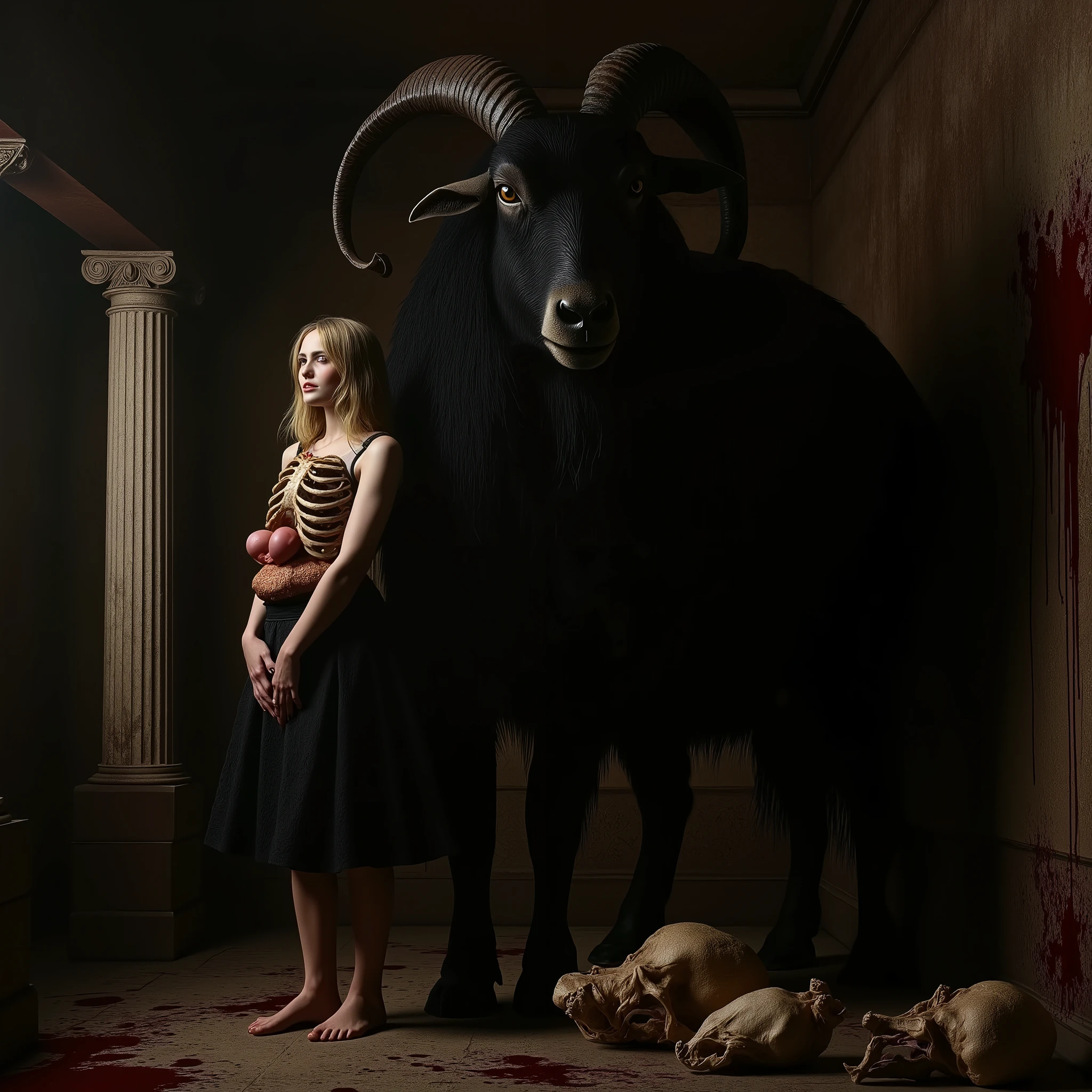 "(the best lighting,  high contrast , dark, dramatic),( Blonde girl next to a giant black goat, Open the rib cage, fetus, autopsy, human bones, blood on the walls). Light Caravaggio"