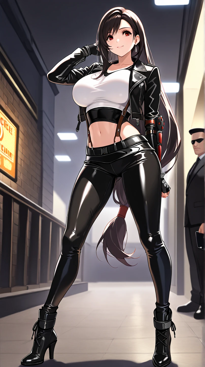 score_9, score_8_up, score_7_up, source_anime,
Tifa Lockhart,
1girl,
Tifa Lockhart, (masterpiece, best quality), 1girl, serleena, mib 2, sexy, HD, silver necklake, Big breast, black leather jacket, black latex corset, black leather pants, black heels, perfect body, sexy pose,