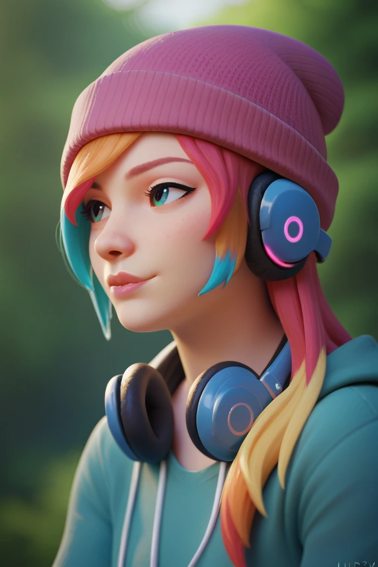 score_9, score_8_up, score_7_up, score_6_up, hi-res, 8k, 2.5d,medium shot, headphones,  beanie, multicolored hair  BREAK giving a donut to a fox, forest   