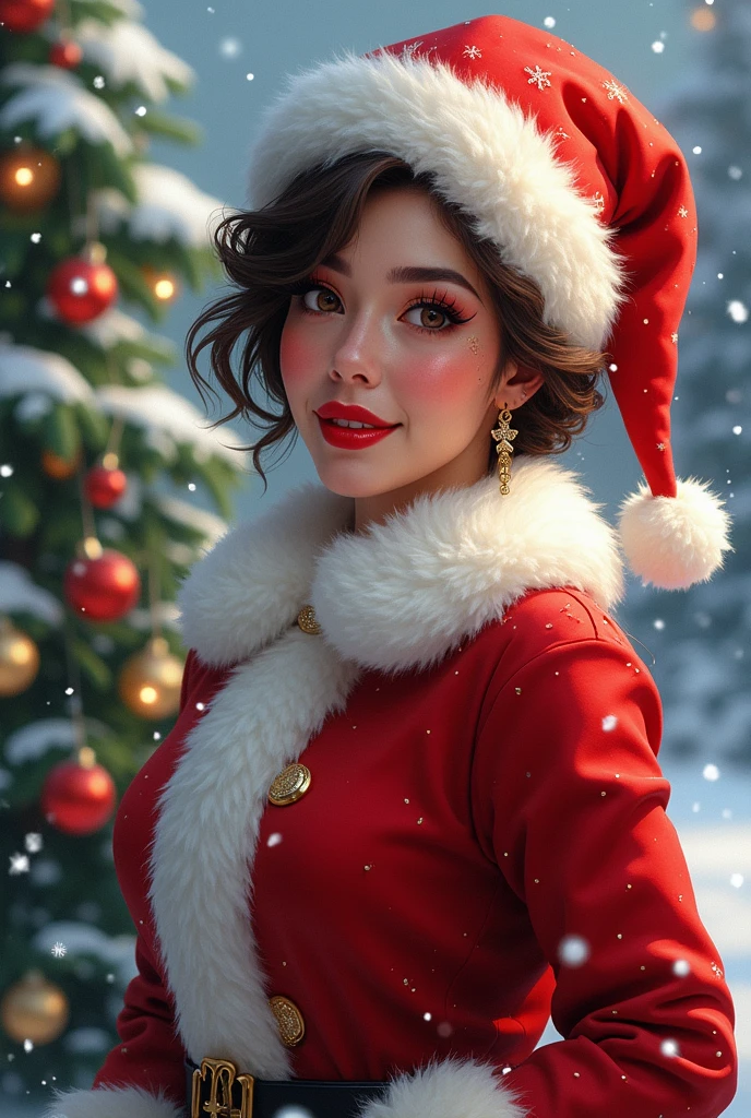 Christmas red bikini kimono (breast), cute red ribbon bow on hair, snowing background, Christmas trees background, amazing Christmas lights, big smile, Christmas gifts, 8k cinematic, volumetric lighting, light sparkles particles, golden hour