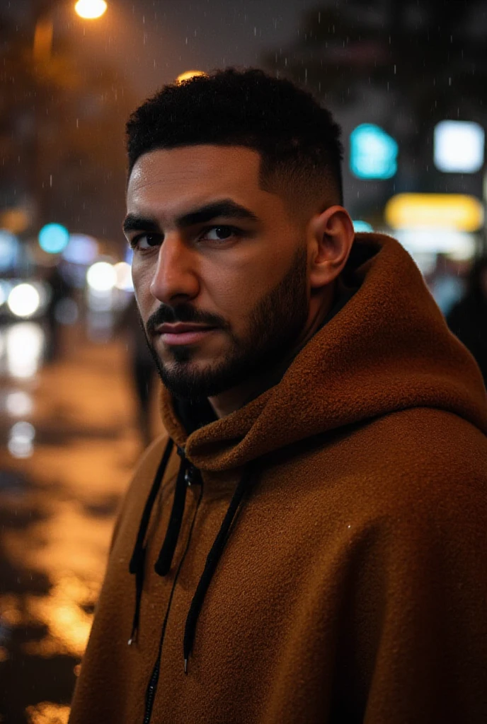 In the midst of a heavy rain cascade, a man stands resolutely, his face a portrait of intense concentration, with droplets clinging to his eyelashes He wears a sumptuous, earthy-toned woolen poncho, its luxurious yarn w00len draping comfortably around him, striking a perfect balance between trendy and functional. Soft, cinematic lighting picks out the raindrops on his face and the textured surface of his poncho, creating a striking interplay of light on water-soaked fibers. Against a blurry, nighttime city street backdrop, with warm, diffused lights barely visible through the cascade, the scene exudes a moody, cinematic atmosphere. 4K UHD, Realistic:1.9, 8K Photo, HDR, Cinematic Shot, Dynamic Lighting, Technicolor, Panavision, Cinemascope, Sharp Focus, Fine Details, Realism, Realistic, Key Visual, Film Still, Cinematic Color Grading, Depth of Field, Professional Lighting, Taken with Canon EOS R5, 75mm Lens.,AiARTiST