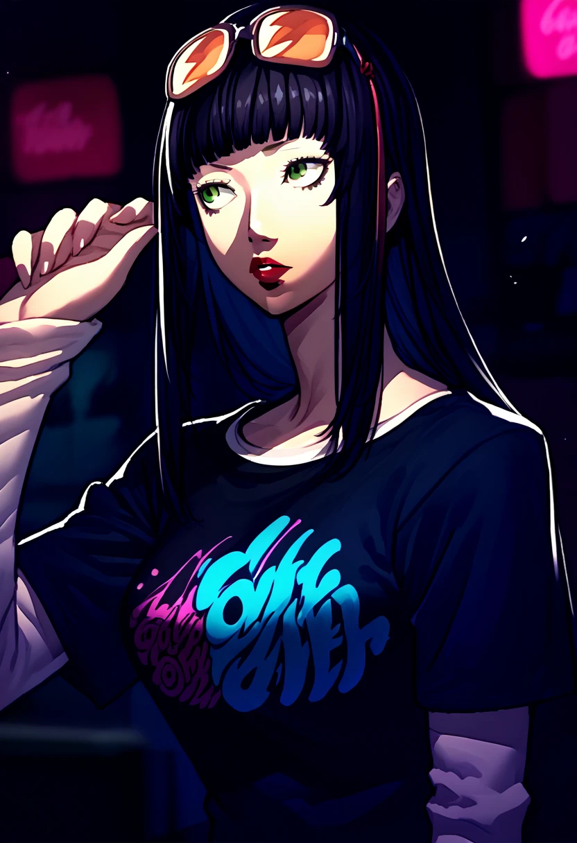 1 girl, sunglasses over head, lipstick, black t-shirt, clothes writing, layered sleeves, large breasts, jeans, Hifumi Togo, blunt bangs, long hair, hair ornament, green eyes,