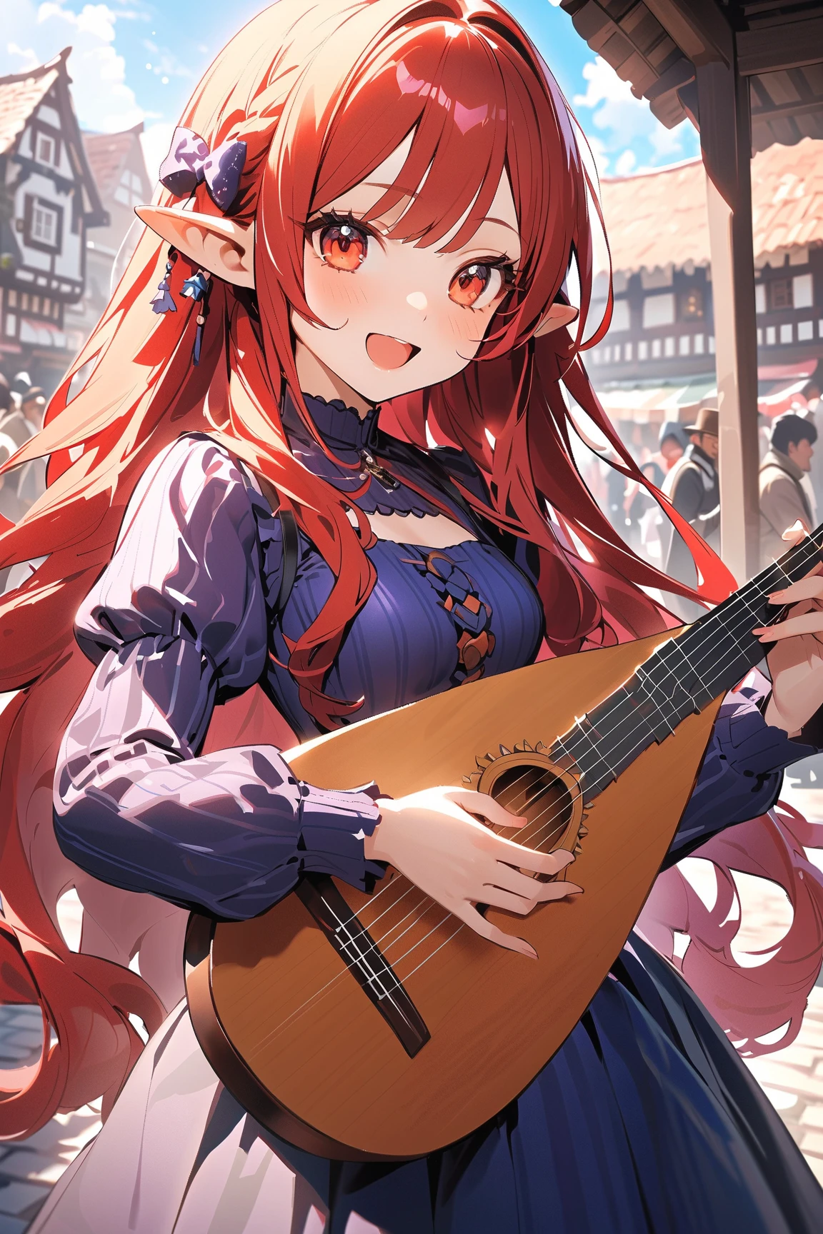 Anime Style,Nostalgic,Detailed background,The medieval world,A lively bar with lots of people,Smiling bard red-haired beautiful elf girl,guitar,Large Breasts,Healthy thighs,Underarm