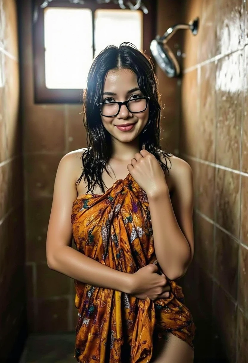 cute indonesian girl, glasses,wet hair, a bit chubby, wearing sarong, upper body, bathing under the shower,  selfie in the bathroom, Look at the viewer, wide angle full body shot,