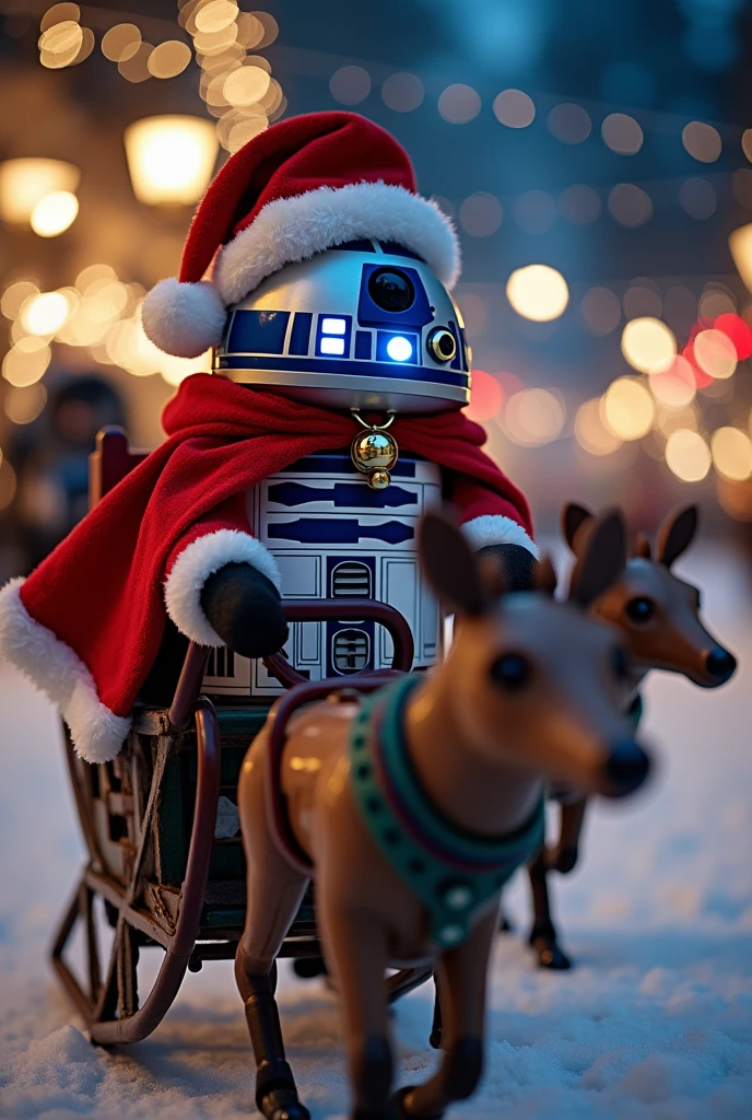 Darth Vader wearing a red Santa outfit and a bell around his neck, delivering presents from a sleigh in the night sky filled with Christmas lights. Reindeer flying alongside him, with one reindeer wearing a Stormtrooper mask. In the background, a 'Merry Christmas' logo shines brightly.