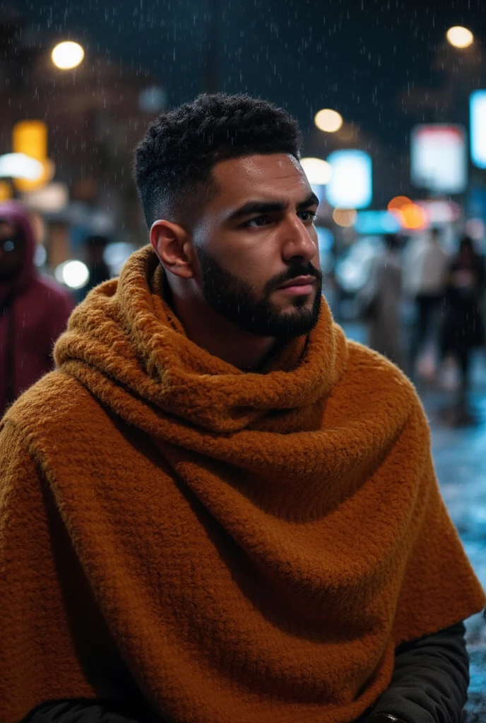 In the midst of a heavy rain cascade, a man stands resolutely, his face a portrait of intense concentration, with droplets clinging to his eyelashes He wears a sumptuous, earthy-toned woolen poncho, its luxurious yarn w00len draping comfortably around him, striking a perfect balance between trendy and functional. Soft, cinematic lighting picks out the raindrops on his face and the textured surface of his poncho, creating a striking interplay of light on water-soaked fibers. Against a blurry, nighttime city street backdrop, with warm, diffused lights barely visible through the cascade, the scene exudes a moody, cinematic atmosphere. 4K UHD, Realistic:1.9, 8K Photo, HDR, Cinematic Shot, Dynamic Lighting, Technicolor, Panavision, Cinemascope, Sharp Focus, Fine Details, Realism, Realistic, Key Visual, Film Still, Cinematic Color Grading, Depth of Field, Professional Lighting, Taken with Canon EOS R5, 75mm Lens.,AiARTiST