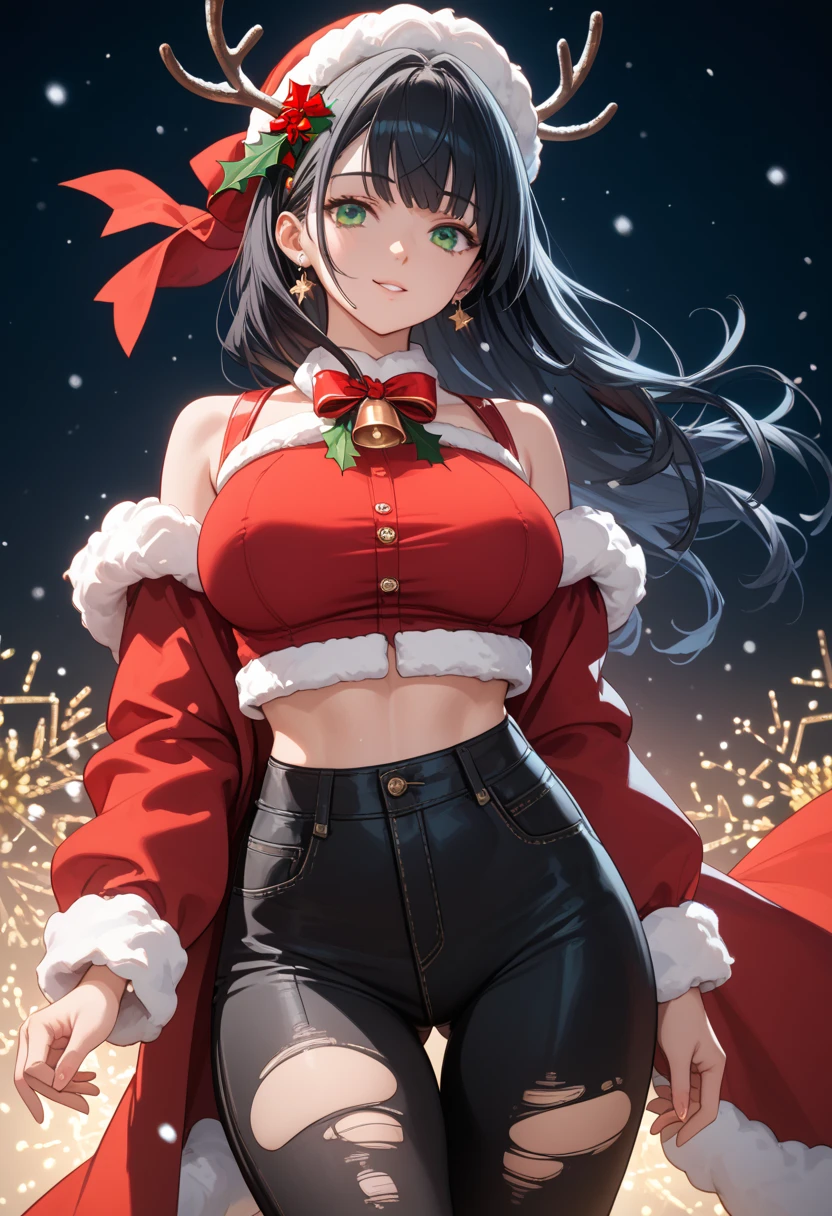 masterpiece， high-resolution ，Anime Art，Anime Numbers， 4k anime wallpaper，Soft Light， radiant skin ， unique ，An anime girl，Standing，Red Christmas dress ，black ripped pants， long black hair， Green Eyes ，Full breasts，thigh， solid color background