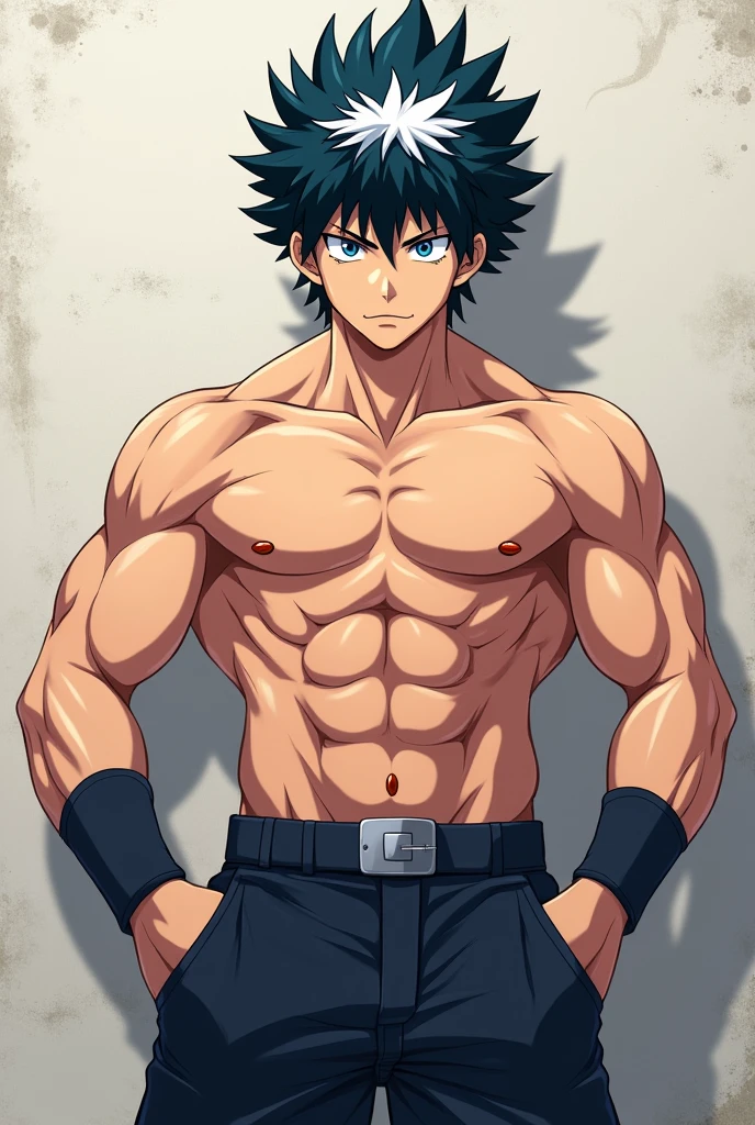 Beautiful handsome, muscular big boy with slightly wavy black hair, blue eyes in anime style picture