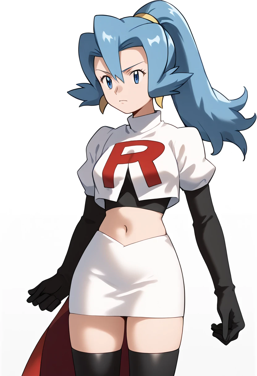 score_9, score_8_up, score_7_up, BREAK
1girl, clair, bangs, blue hair, blue eyes, ponytail, long hair, hair between eyes, earrings, floating hair,
team rocket,team rocket uniform,white skirt,red letter R,crop top,black thigh-highs,black elbow gloves, cowboy shot, looking at viewer, solo, simple background, white background       