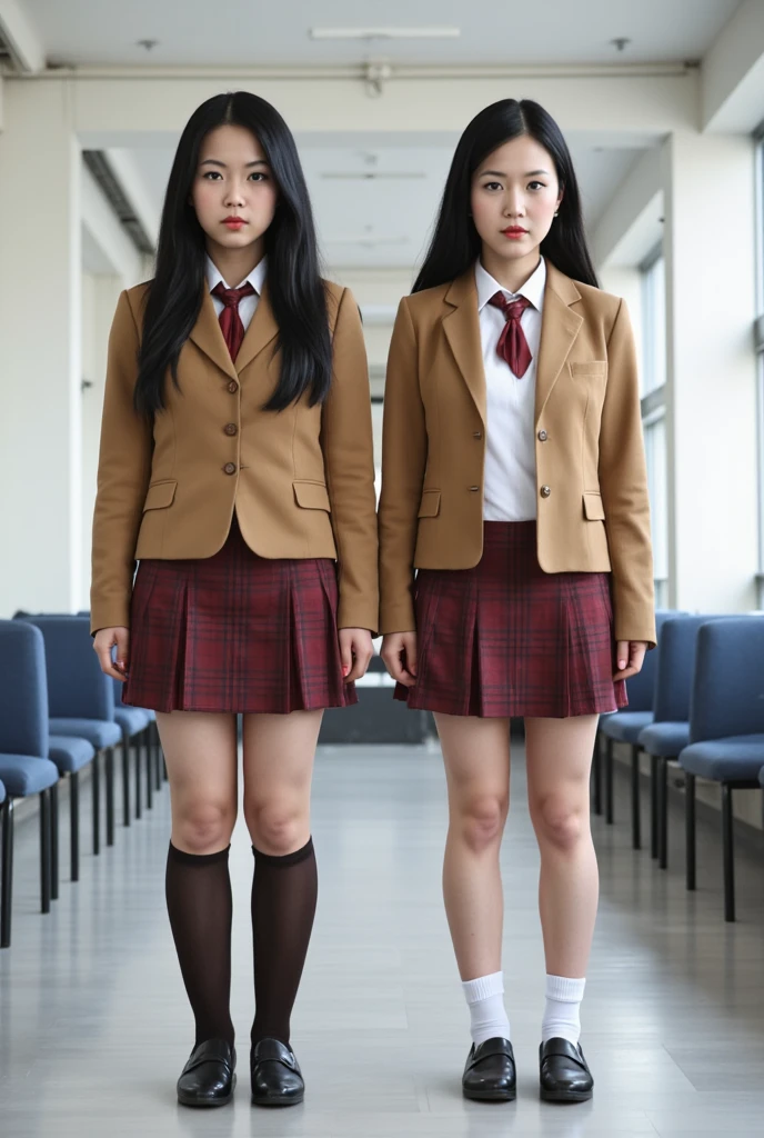 super high res,realistic,very detailed,Golden Ratio,top quality,2 people standing full body shot,babyface,(standing), 2 people standing on the floor of japanese high school,(2 beautiful female students with stunning figures),  beautiful faces,(realistic face),Japanese,black hair,glare, Frowning,A verbal invitation,Compensate,Frowning, first-person view, first-person view,super high res,  ANATOMICALLY CORRECT,super detailed,16k,camel brown jackets,high school uniform, ribbons,(wearing red and brown plaid kee length skirt), (unexposed), Not see-through, (wide thighs:1.7),(brown socks:1.4), (wearing loafers),(skirt lift:1.4),(white panties:1.7),flat chest, sysdeep_undress