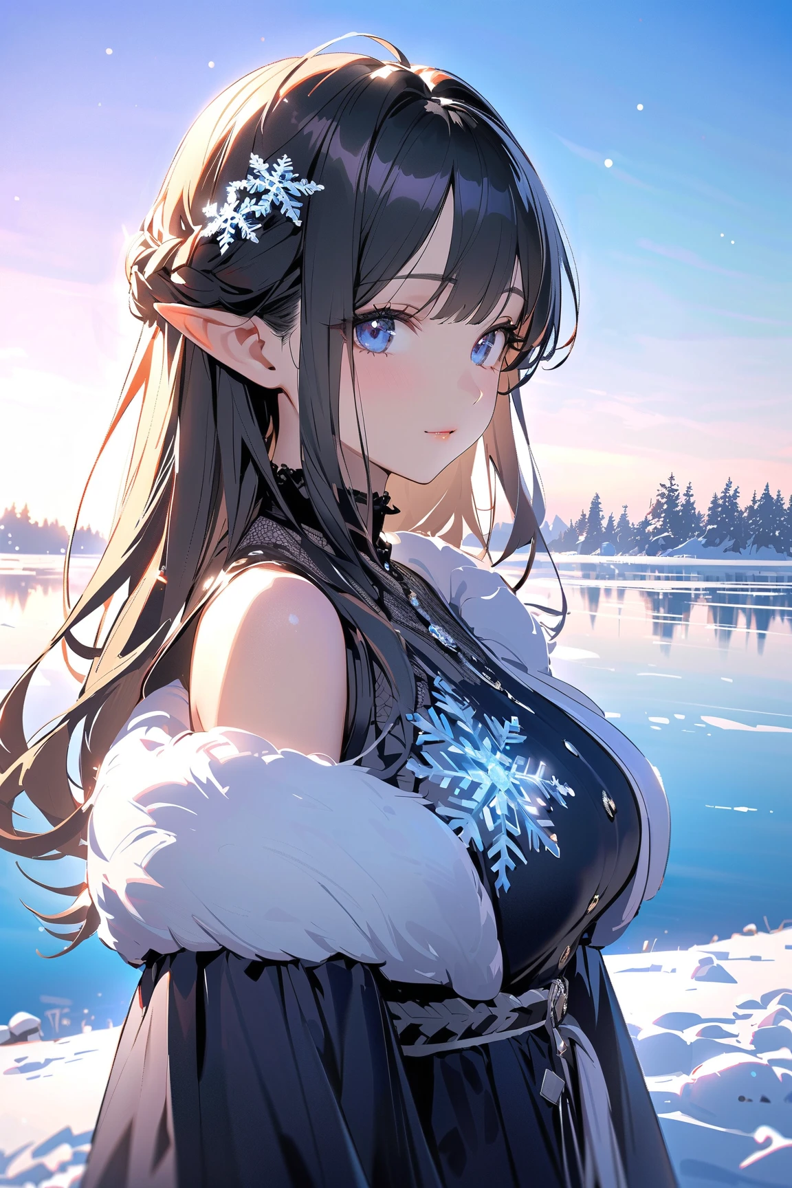 A very kind girl. She has light brown hair, icy blue eyes, she is wearing white blue and brown Japanese clothing, she is an icy dragon. She is the dragon of ice, she is wearing lots of jewelry. Necklaces, breaches, waist beads, hip beads, crowns, head necklace. Her skin is like snow, she is paper white, she has elf ears. She controls the ice and snow ruthlessly. Her skin has blue in it and kinda looks like she’s always freezing. Her eyes glow a hue of blue, and literally glow. She has tattoos and markings on her body that glow as well.