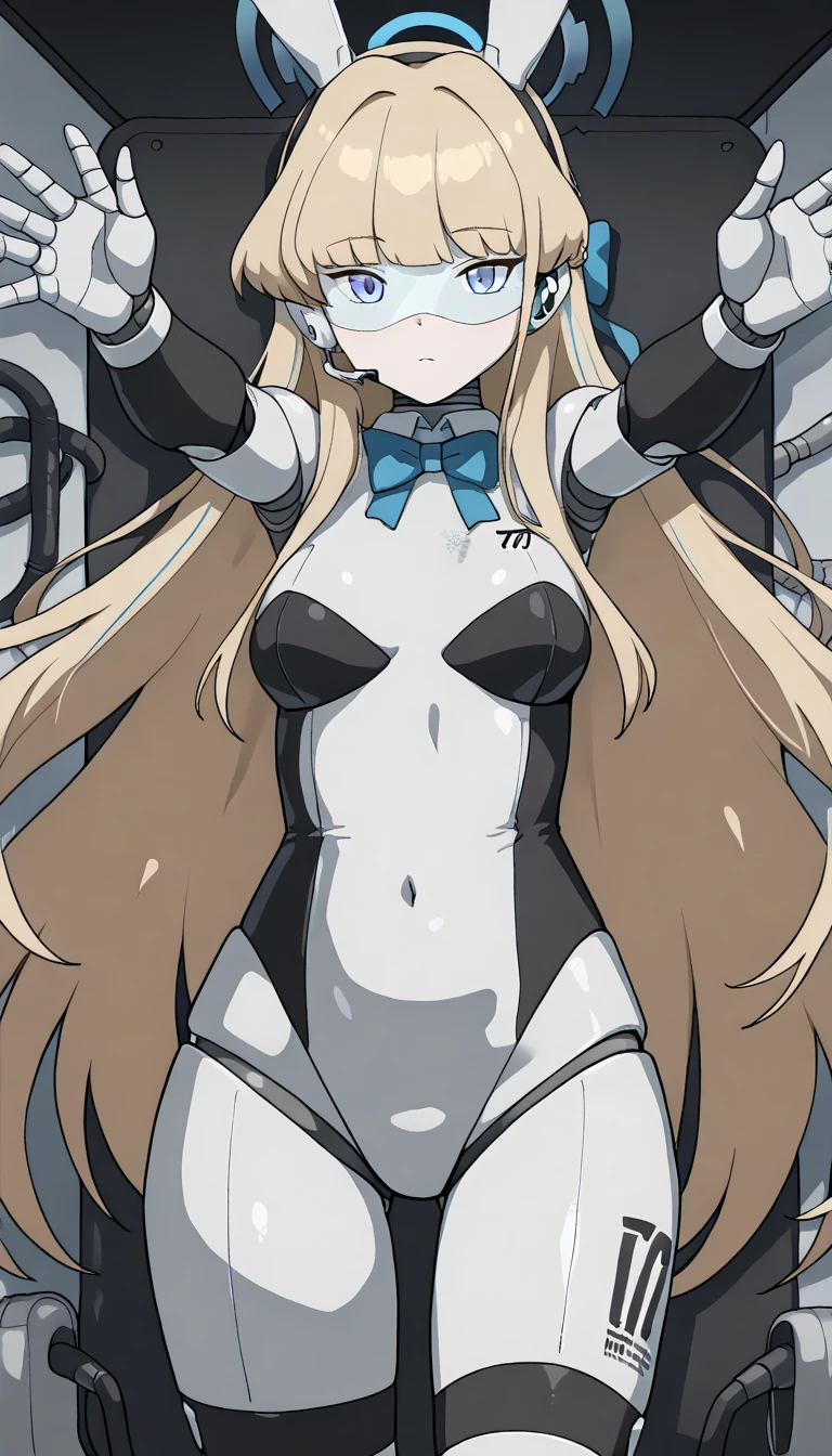 masterpiece, best quality, extremely detailed, (8K, 4K, Best Quality, hight resolution, 超A high resolution:1.1), ,8k portrait, Japaese android Girl,Plump , dark black leg cover,announcer,control panels,android,Droid,Mechanical Hand, Robot arms and legs, Black Robot Parts,Black long hair,Mechanical body,Blunt bangs,perfect mechanical abdomen,White robotics parts,perfect robot woman,future laboratory,cyber pank,charging spot,laboratory,long tube,thick cable connected her neck,white ceramic body ,perfect mechanical body, white robot body,lod antenna,mechanical ear cover,android,robot humanoid,black sponge joints,The removable cover is in the groin,The connection port is in the groin,opened chest panel,access panel on the chest,opened breast panel,perfect mechanical breast,perfect black machine body,perfect black android body,She has repaired,assembly plant,no human skin,visor,mistyrobot,asuma toki(blue archive),smile,spread arm,robot joint,doll joint,robotization,lying,rabbit ear,bunny suit