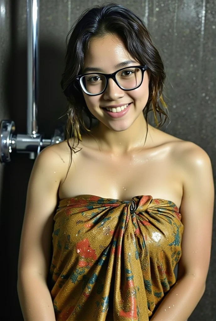 cute indonesian girl, glasses, wet hair, a bit chubby, wearing sarong, upper body, bathing under the shower,  selfie in the bathroom, Look at the viewer, wide angle full body shot,