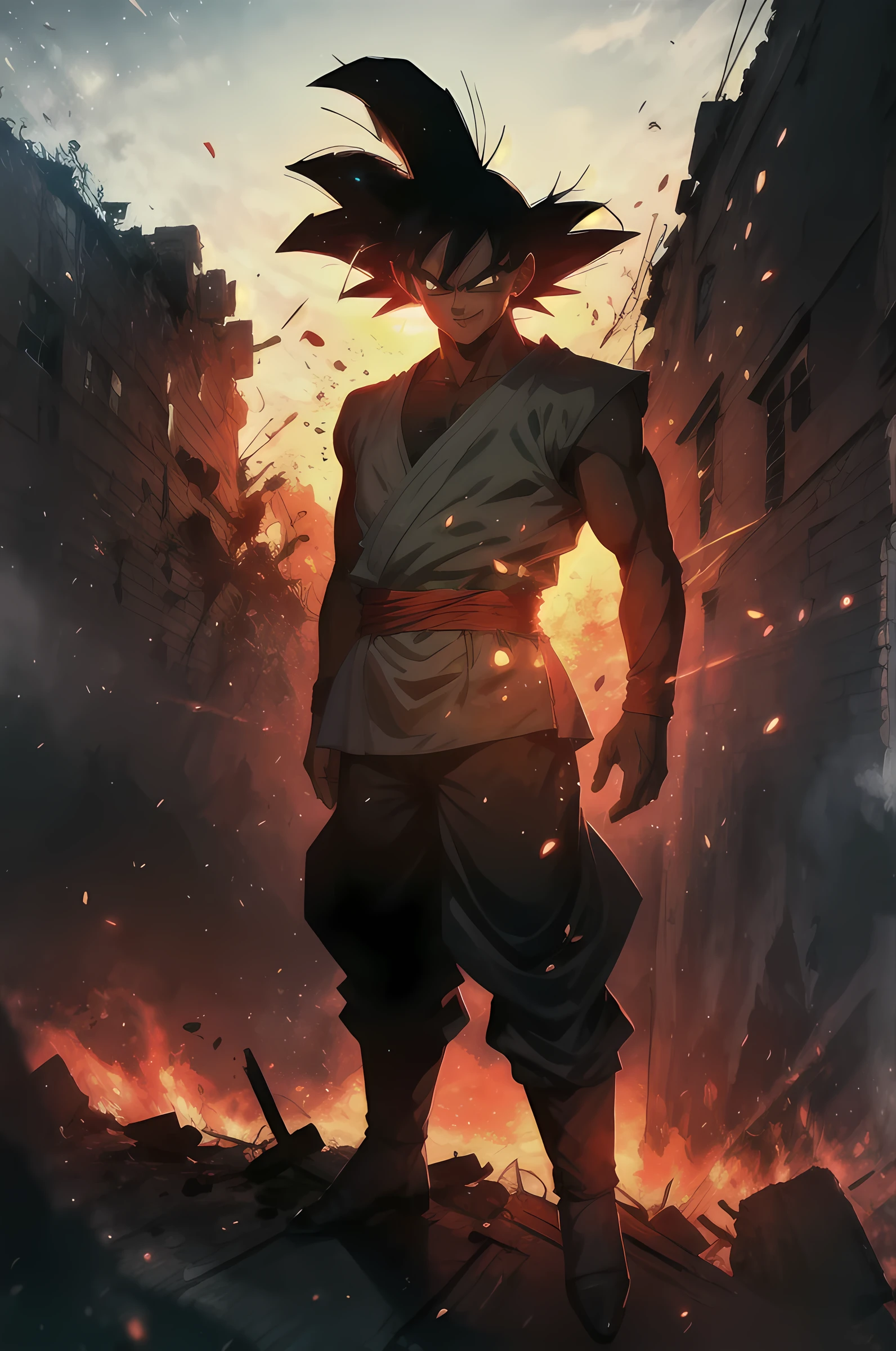 (( masterpiece,  better quality)),(complex light),absurdres, highres, 1 ,Alone, combat posture, Goku Black, black hair, black eyes, Background of debris destroyed by green fire, ironic smile ,  