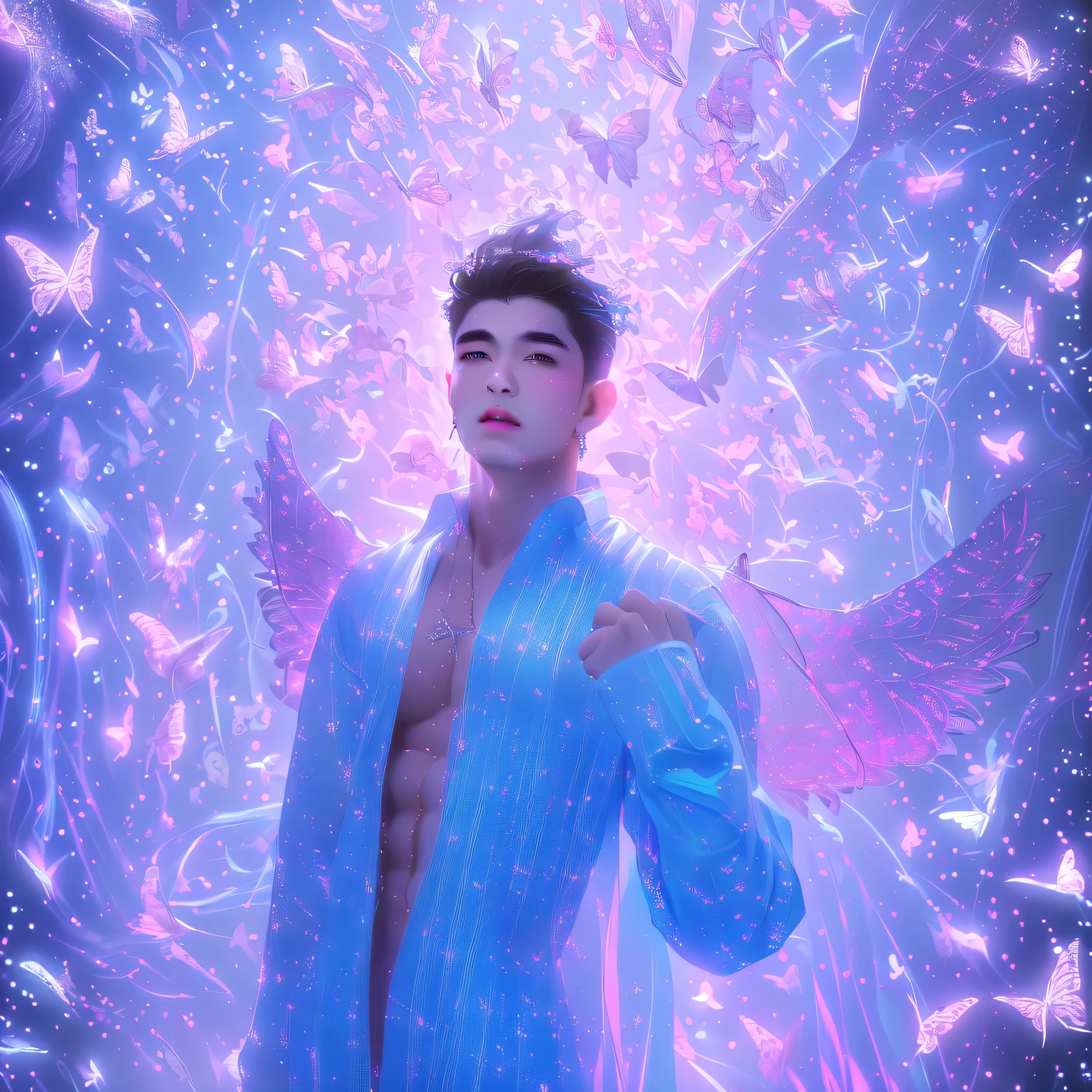(8K, RAW photos, Highest quality) masterpiece, 1 boy, 18 years old, coquettish style pose, naked man, (( showing 1 big real penis)), ((1 perfect penis head)), (( testicles perfect)). , Asian muscular boy Look at the audience, standing, posing spoiled style, showing his big and muscular breasts, puffy nipples, sexy six pack, narrow waist, Handsome, Thick body hair, butterflies on his body, butterflies fluttering in aerial, gradient background, Glitter & Sequin Background, cinematic lighting, UHD