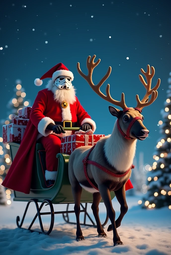 Darth Vader wearing a red Santa outfit and a bell around his neck, delivering presents from a sleigh in the night sky filled with Christmas lights. Reindeer flying alongside him, with one reindeer wearing a Stormtrooper mask. In the background, a 'Merry Christmas' logo shines brightly.