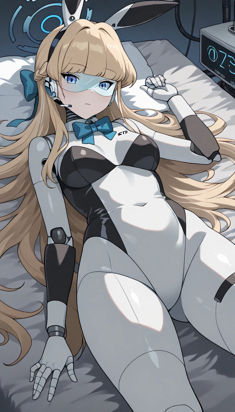 masterpiece, best quality, extremely detailed, (8K, 4K, Best Quality, hight resolution, 超A high resolution:1.1), ,8k portrait, Japaese android Girl,Plump , dark black leg cover,announcer,control panels,android,Droid,Mechanical Hand, Robot arms and legs, Black Robot Parts,Black long hair,Mechanical body,Blunt bangs,perfect mechanical abdomen,White robotics parts,perfect robot woman,future laboratory,cyber pank,charging spot,laboratory,long tube,thick cable connected her neck,white ceramic body ,perfect mechanical body, white robot body,lod antenna,mechanical ear cover,android,robot humanoid,black sponge joints,The removable cover is in the groin,The connection port is in the groin,opened chest panel,access panel on the chest,opened breast panel,perfect mechanical breast,perfect black machine body,perfect black android body,She has repaired,assembly plant,no human skin,visor,mistyrobot,asuma toki(blue archive),smile,spread arm,robot joint,doll joint,robotization,lying,rabbit ear,bunny suit