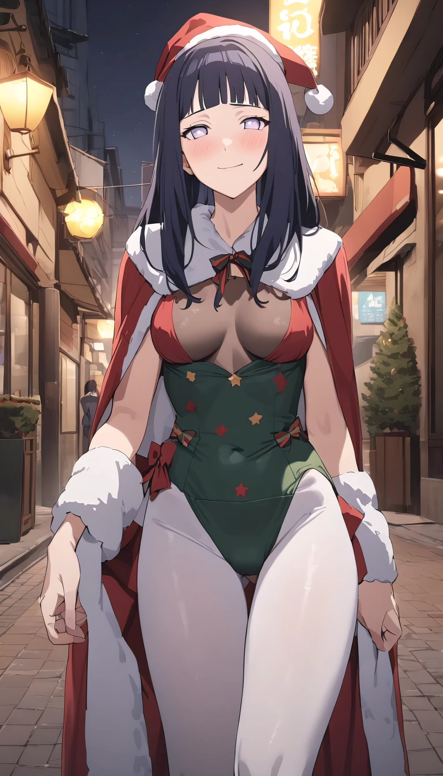 best quality,masterpiece,highres,absurdres,newest,rating: general, (hinata, 1girl, hyuuga hinata, purple eyes,white eyes, blunt bangs), black hair, cristmas red darkbcostume , cosplay, cristmas hat, cristmas costume, blushing , light smile, , cristmas shot, standing, outdoor, street,(night,night sky),middle level breasts,view at viewer, cristmas costume, princess look wearing clothes transparent tight clothes 