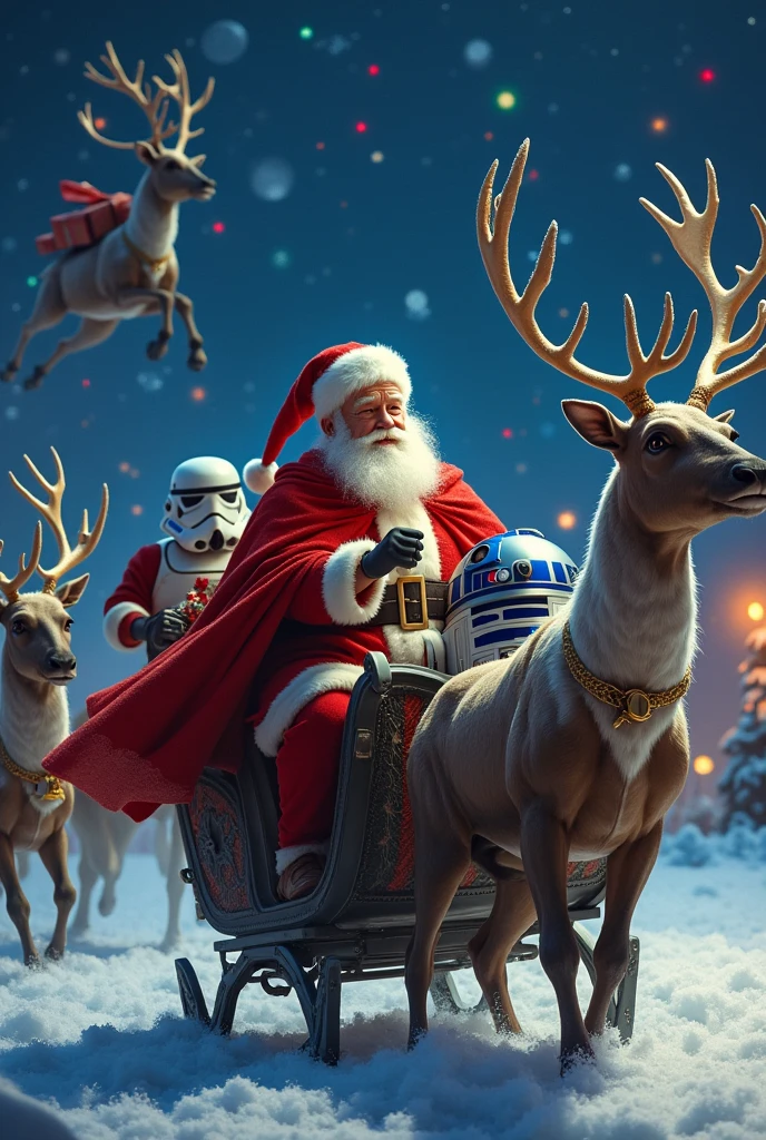 Darth Vader wearing a red Santa outfit and a bell around his neck, delivering presents from a sleigh in the night sky filled with Christmas lights. Reindeer flying alongside him, with one reindeer wearing a Stormtrooper mask. In the background, a 'Merry Christmas' logo shines brightly.