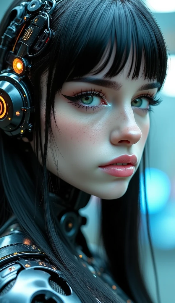 create a futuristic woman with long loose black hair, vibrant blue eyes, thick lips, very beautiful, with a serious face, and with robotic parts