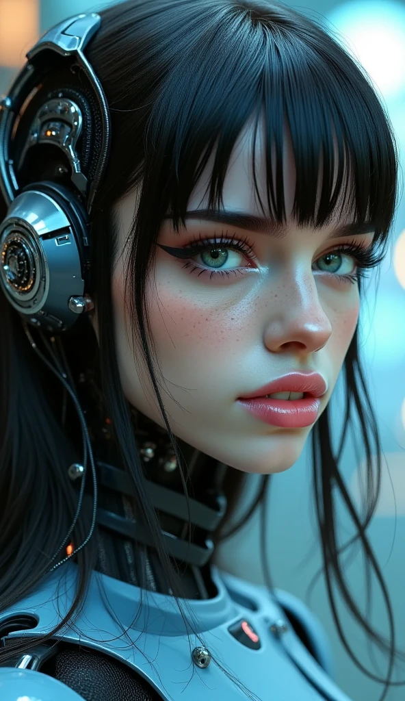 create a futuristic woman with long loose black hair, vibrant blue eyes, thick lips, very beautiful, with a serious face, and with robotic parts