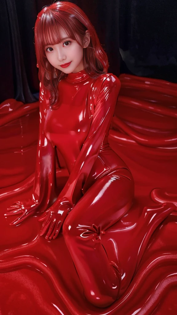 (woman in shiny red latex bodysuit:1.5 ,  Japanese woman, melted slime suit:1.5, slime suit tight to skin:1.5,  woman wearing melted slime tights :1.5, skin-soluble jelly, Full body covered in red slime suit :1.5, slime suit tight to skin,  there is no border between slime and skin , no boundary between slime and skin,  slime suit is made of latex ), Alone, REFLECTIVE LIGHTING ,  shiny latex , latex is highly reflective,  realistic , 8k,  extremely detailed,  cinematic lighting ,  Dramatic Poses,  Inside the building at night ,  complicated details,  perfect skin,  beautiful faces, ,  gentle face , Graceful Movement,   Dynamic Composition ,  charming smile ,Big Breasts,red slime floor