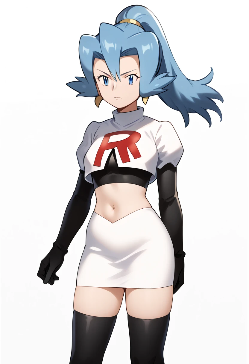 score_9, score_8_up, score_7_up, BREAK
1girl, clair, bangs, blue hair, blue eyes, ponytail, long hair, hair between eyes, earrings, floating hair,
team rocket,team rocket uniform,white skirt,red letter R,crop top,black thigh-highs,black elbow gloves, cowboy shot, looking at viewer, solo, simple background, white background       