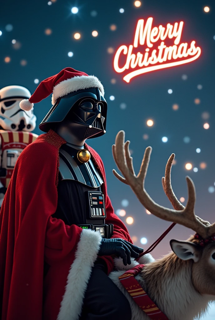 Darth Vader wearing a red Santa outfit and a bell around his neck, delivering presents from a sleigh in the night sky filled with Christmas lights. Reindeer flying alongside him, with one reindeer wearing a Stormtrooper mask. In the background, a 'Merry Christmas' logo shines brightly.