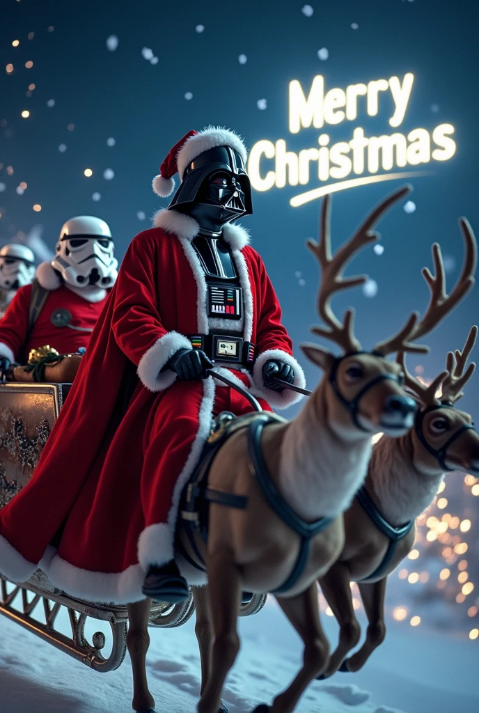 Darth Vader wearing a red Santa outfit and a bell around his neck, delivering presents from a sleigh in the night sky filled with Christmas lights. Reindeer flying alongside him, with one reindeer wearing a Stormtrooper mask. In the background, a 'Merry Christmas' logo shines brightly.