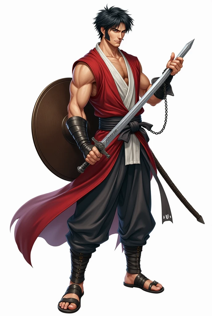 hand drawn, pencil, acrylic, D&D, fantasy, illustrated by Wayne Reynolds, shirtless man, black hakama pants, bare chested, shirtless, sword strap, tattered red cape with high collar, rope belt, katana, spiky hair, hair over one eye, black hair, smirk, narrow eyes, cheek scar, sandals, white background