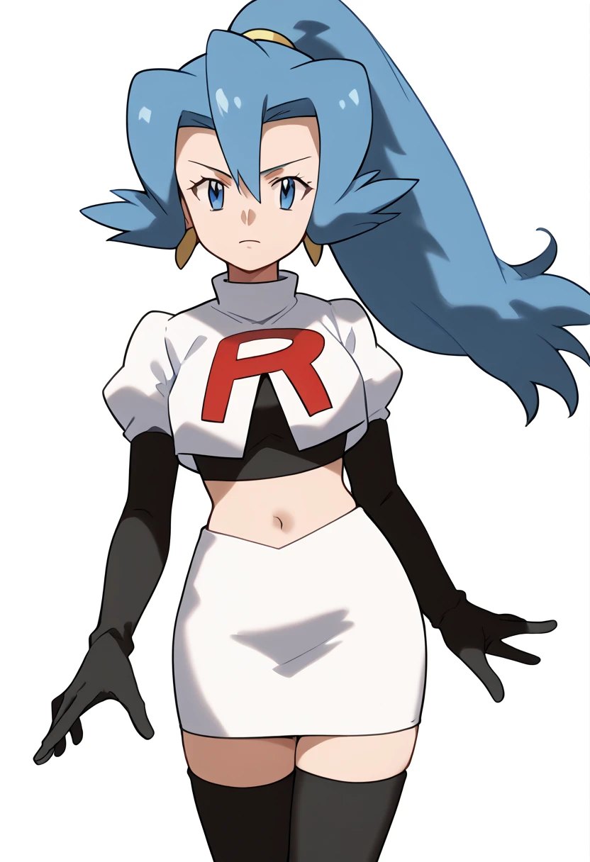 score_9, score_8_up, score_7_up, BREAK
1girl, clair, bangs, blue hair, blue eyes, ponytail, long hair, hair between eyes, earrings, floating hair,
team rocket,team rocket uniform,white skirt,red letter R,crop top,black thigh-highs,black elbow gloves, cowboy shot, looking at viewer, solo, simple background, white background       