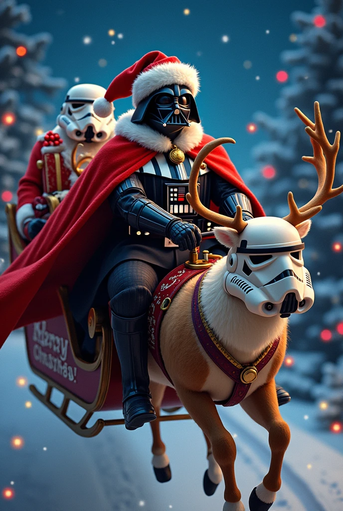 Darth Vader wearing a red Santa outfit and a bell around his neck, delivering presents from a sleigh in the night sky filled with Christmas lights. Reindeer flying alongside him, with one reindeer wearing a Stormtrooper mask. In the background, a 'Merry Christmas' logo shines brightly.