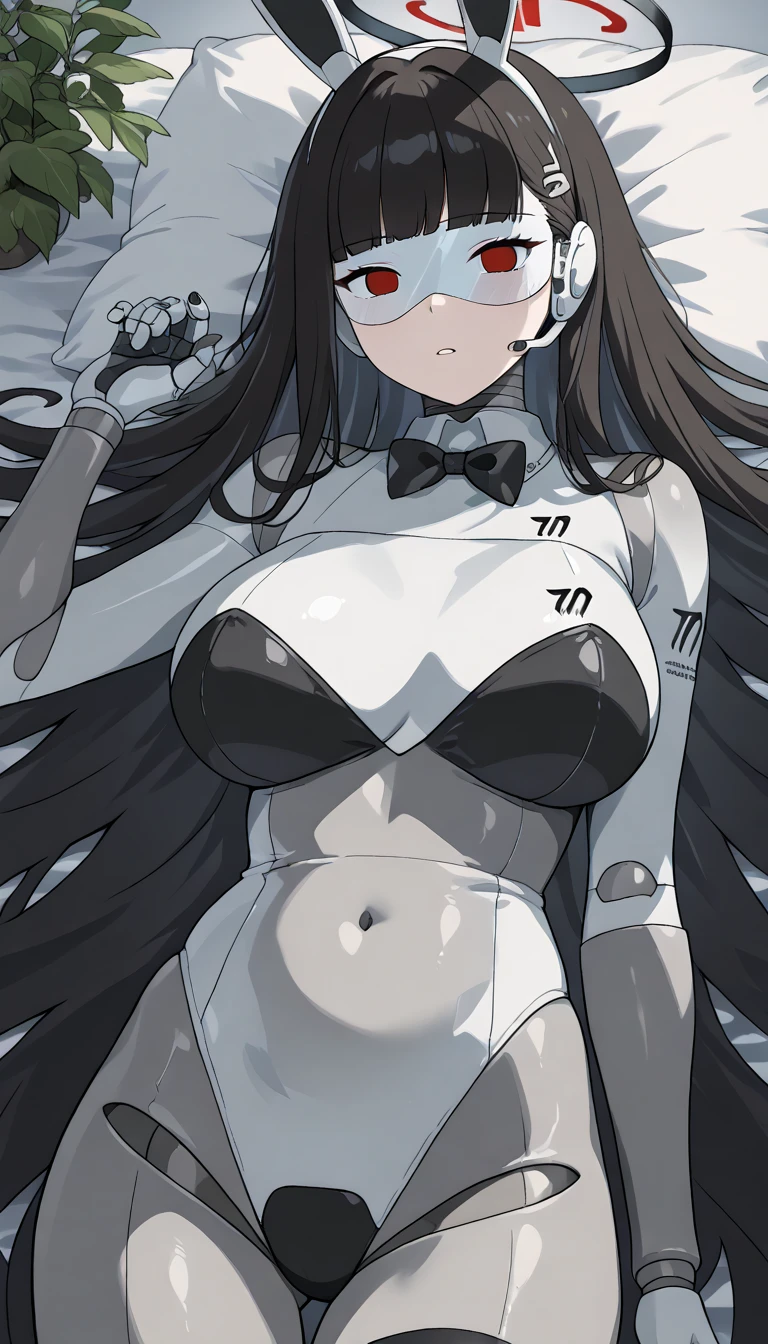 masterpiece, best quality, extremely detailed, (8K, 4K, Best Quality, hight resolution, 超A high resolution:1.1), ,8k portrait, Japaese android Girl,Plump , dark black leg cover,announcer,control panels,android,Droid,Mechanical Hand, Robot arms and legs, Black Robot Parts,Black long hair,Mechanical body,Blunt bangs,perfect mechanical abdomen,White robotics parts,perfect robot woman,future laboratory,cyber pank,charging spot,laboratory,long tube,thick cable connected her neck,white ceramic body ,perfect mechanical body, white robot body,lod antenna,mechanical ear cover,android,robot humanoid,black sponge joints,The removable cover is in the groin,The connection port is in the groin,opened chest panel,access panel on the chest,opened breast panel,perfect mechanical breast,perfect black machine body,perfect black android body,She has repaired,assembly plant,no human skin,visor,mistyrobot,rio(blue archive),spread arm,robot joint,doll joint,robotization,lying,rabbit ear,bunny suit,empty eyes