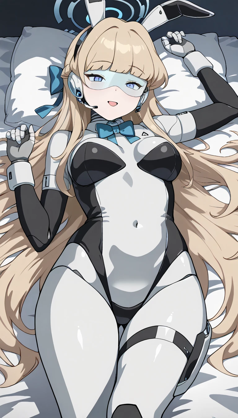 masterpiece, best quality, extremely detailed, (8K, 4K, Best Quality, hight resolution, 超A high resolution:1.1), ,8k portrait, Japaese android Girl,Plump , dark black leg cover,announcer,control panels,android,Droid,Mechanical Hand, Robot arms and legs, Black Robot Parts,Black long hair,Mechanical body,Blunt bangs,perfect mechanical abdomen,White robotics parts,perfect robot woman,future laboratory,cyber pank,charging spot,laboratory,long tube,thick cable connected her neck,white ceramic body ,perfect mechanical body, white robot body,lod antenna,mechanical ear cover,android,robot humanoid,black sponge joints,The removable cover is in the groin,The connection port is in the groin,opened chest panel,access panel on the chest,opened breast panel,perfect mechanical breast,perfect black machine body,perfect black android body,She has repaired,assembly plant,no human skin,visor,mistyrobot,asuma toki(blue archive),smile,spread arm,robot joint,doll joint,robotization,lying,rabbit ear,bunny suit,ahegao