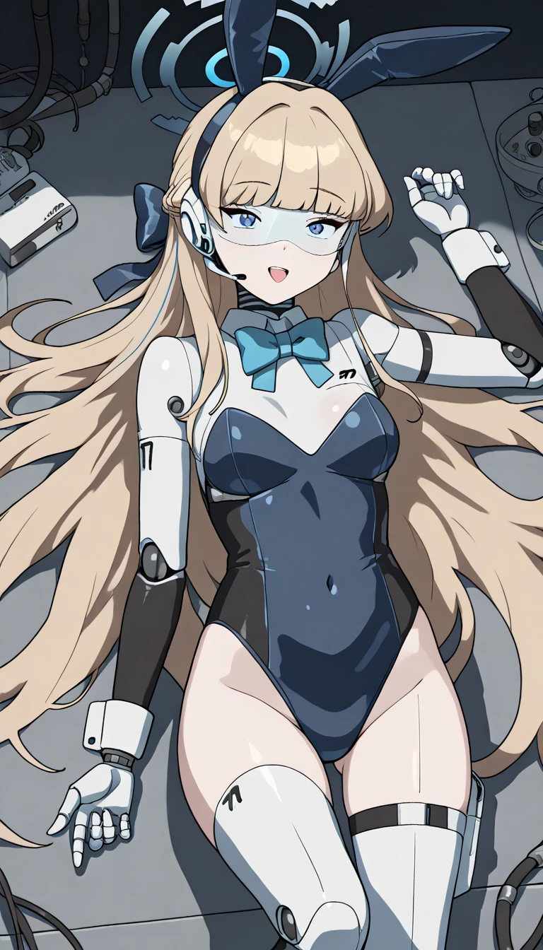 masterpiece, best quality, extremely detailed, (8K, 4K, Best Quality, hight resolution, 超A high resolution:1.1), ,8k portrait, Japaese android Girl,Plump , dark black leg cover,announcer,control panels,android,Droid,Mechanical Hand, Robot arms and legs, Black Robot Parts,Black long hair,Mechanical body,Blunt bangs,perfect mechanical abdomen,White robotics parts,perfect robot woman,future laboratory,cyber pank,charging spot,laboratory,long tube,thick cable connected her neck,white ceramic body ,perfect mechanical body, white robot body,lod antenna,mechanical ear cover,android,robot humanoid,black sponge joints,The removable cover is in the groin,The connection port is in the groin,opened chest panel,access panel on the chest,opened breast panel,perfect mechanical breast,perfect black machine body,perfect black android body,She has repaired,assembly plant,no human skin,visor,mistyrobot,asuma toki(blue archive),smile,spread arm,robot joint,doll joint,robotization,lying,rabbit ear,bunny suit,ahegao