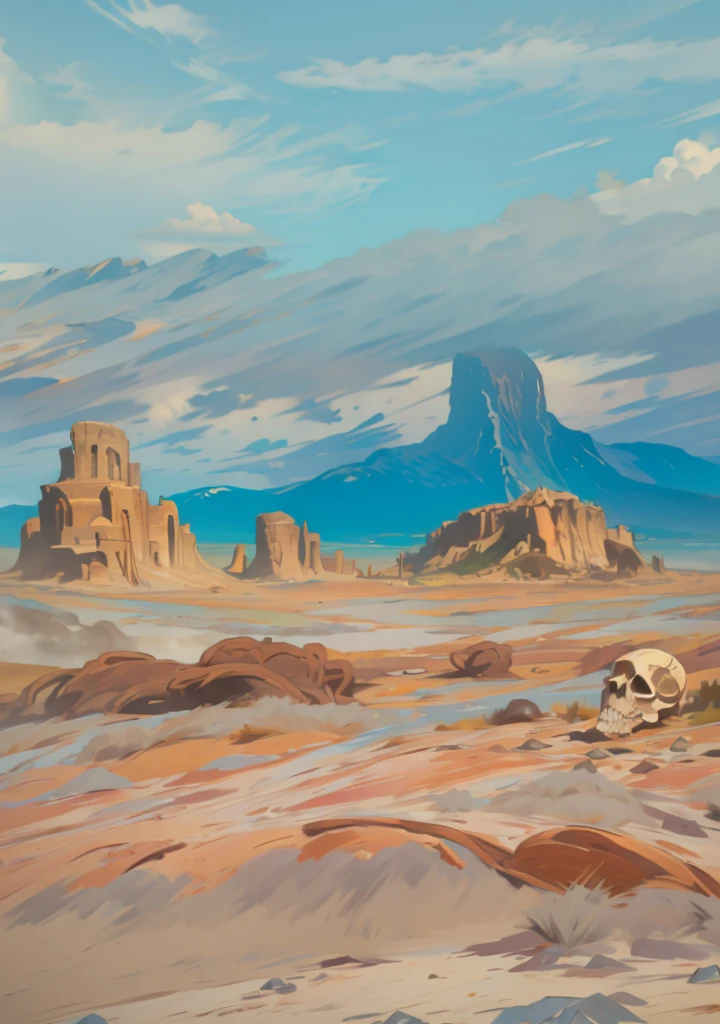 A scene from Conan's movie a barren decree mountains in the background an unstable cloudy sky in the distance human skulls on the ground