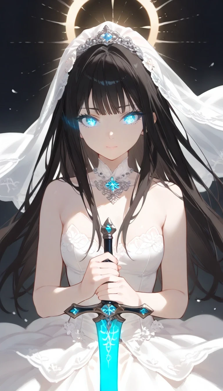 ((best quality)), ((masterpiece)), (detailed), perfect face, (best quality), (detailed skin:1.3), (intricate details), A beautiful woman with a glowing sword, Glowing Eyes, long black hair, light clothing, Pale Light, Illumination, wedding dress