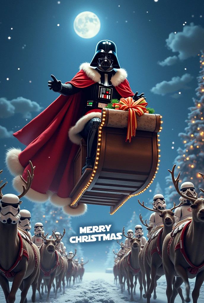 Darth Vader dressed in a red Santa outfit with a bell around his neck, flying through the night sky on a sleigh, delivering presents with joyful Stormtroopers celebrating below. The scene is illuminated with Christmas lights and features a large 'Merry Christmas' logo in the background, surrounded by reindeer and a festive atmosphere.