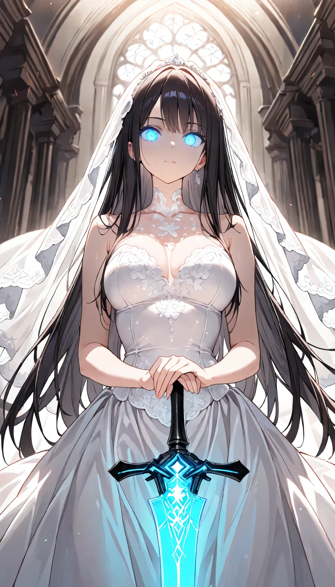 ((best quality)), ((masterpiece)), (detailed), perfect face, (best quality), (detailed skin:1.3), (intricate details), A beautiful woman with a glowing sword, Glowing Eyes, long black hair, light clothing, Pale Light, Illumination, wedding dress
