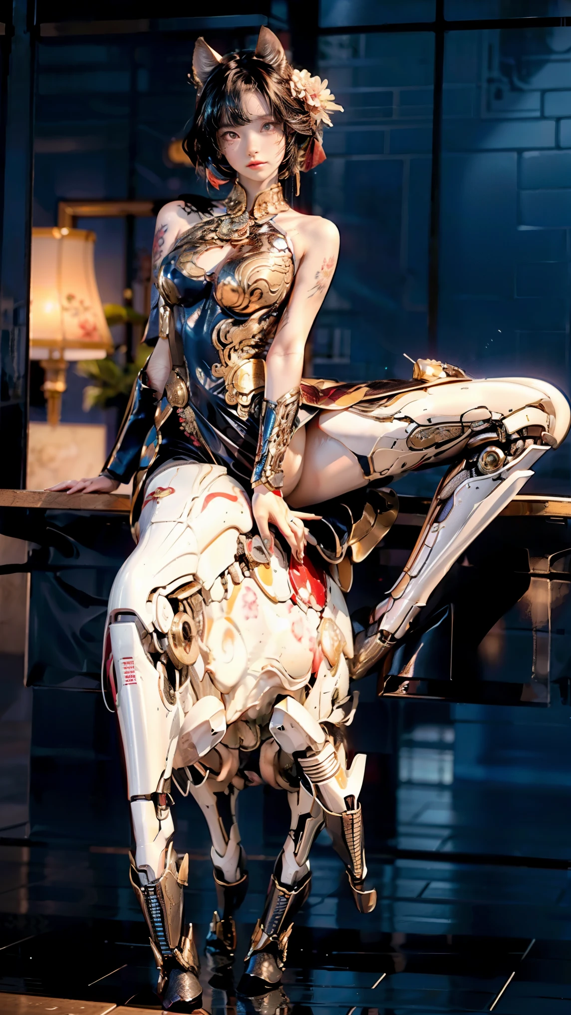 (masterpiece, Highest quality, Highest quality, Official Art, beautifully、aesthetic:1.2), (One girl), (Fractal Art:1.2),Absurd, High resolution, Super detailed, Ultra-precise depiction, Ultra-detailed depiction, alone, (Tangled:1.2),  Floating Hair, (skinny, Slim body: 1.2), Sunburned skin, Shiny skin, (Abstract:1.2),cbpkv5, pantyhose,View your viewers, whole body, Cyberpunk Robot, Complex robot, Hello, From mooncryptowow