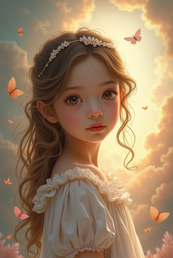 Drawing of a baby girl doll in a fantasy Disney style with long, wavy brown hair and a profile view of her face.