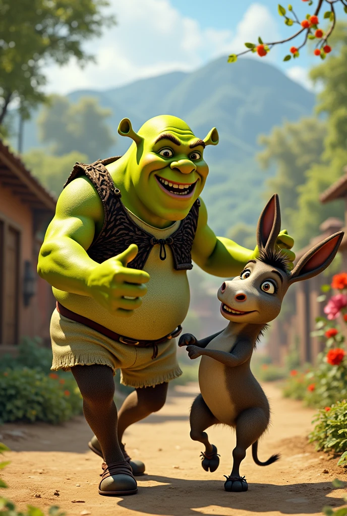 a squirrel with big cheeks fighting with Shrek.