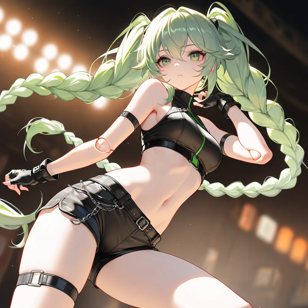 ((masterpiece,Highest quality:1.3)),1woman,30 year old beauty,独奏,((very small head:1.3)),green hair,low ponytail hair,love hair,bangs,green eyes,gorgeous eyes,shy,medium breasts,((very long body:1.2)),((toned body,slender body,skinny)),gleaming skin,shiny skin,(White tight T-shirt、navel、Grey wet shorts)、barefoot、standing,Simple bedroom、cyber punk、World of Blade Runner、