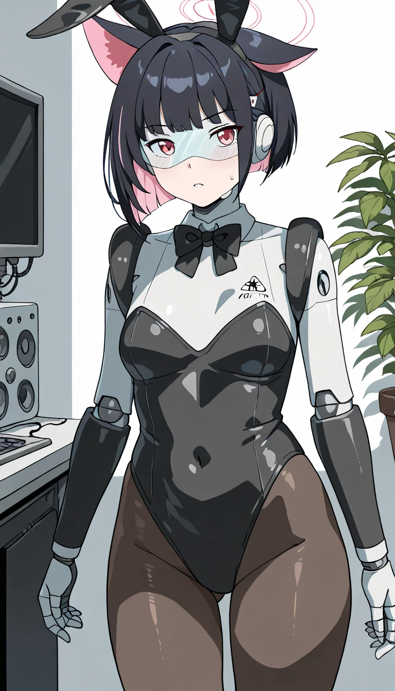 masterpiece, best quality, extremely detailed, (8K, 4K, Best Quality, hight resolution, 超A high resolution:1.1), ,8k portrait, Japaese android Girl,Plump , dark black leg cover,announcer,control panels,android,Droid,Mechanical Hand, Robot arms and legs, Black Robot Parts,Black long hair,Mechanical body,Blunt bangs,perfect mechanical abdomen,White robotics parts,perfect robot woman,future laboratory,cyber pank,charging spot,laboratory,long tube,thick cable connected her neck,white ceramic body ,perfect mechanical body, white robot body,lod antenna,mechanical ear cover,android,robot humanoid,black sponge joints,The removable cover is in the groin,The connection port is in the groin,opened chest panel,access panel on the chest,opened breast panel,perfect mechanical breast,perfect black machine body,perfect black android body,She has repaired,assembly plant,no human skin,visor,mistyrobot,kazusa(blue archive),spread leg,ahaegao,robot joint,doll joint,black robot legs,usbport in the side of neck,malfunction,bunny ear,bunny suit,black pantyhose part