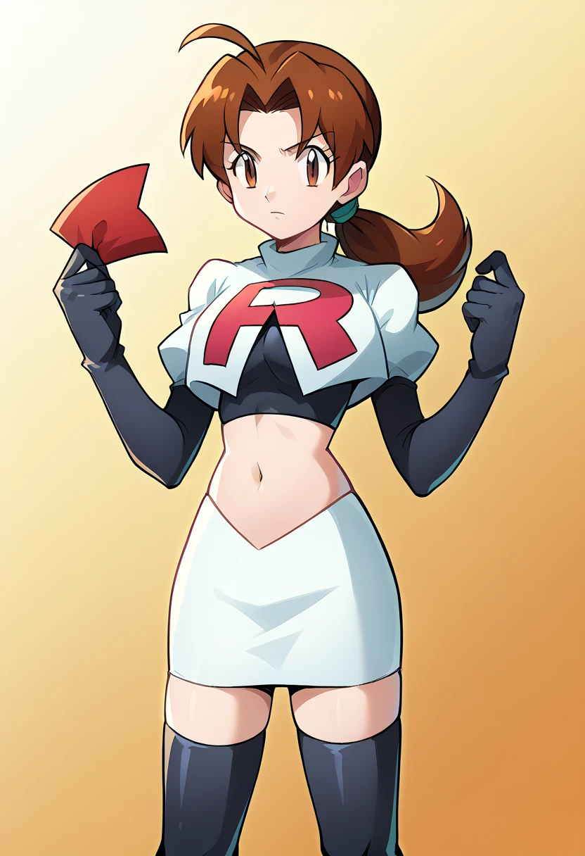 score_9, score_8_up, score_7_up, source_anime,
deliaketchum, deliaketchum, brown hair, brown eyes, parted bangs, ahoge, ponytail, low ponytail,
looking at viewer, cowboy shot, team rocket,team rocket uniform,white skirt,red letter R,crop top,black thigh-highs,black elbow gloves, cowboy shot