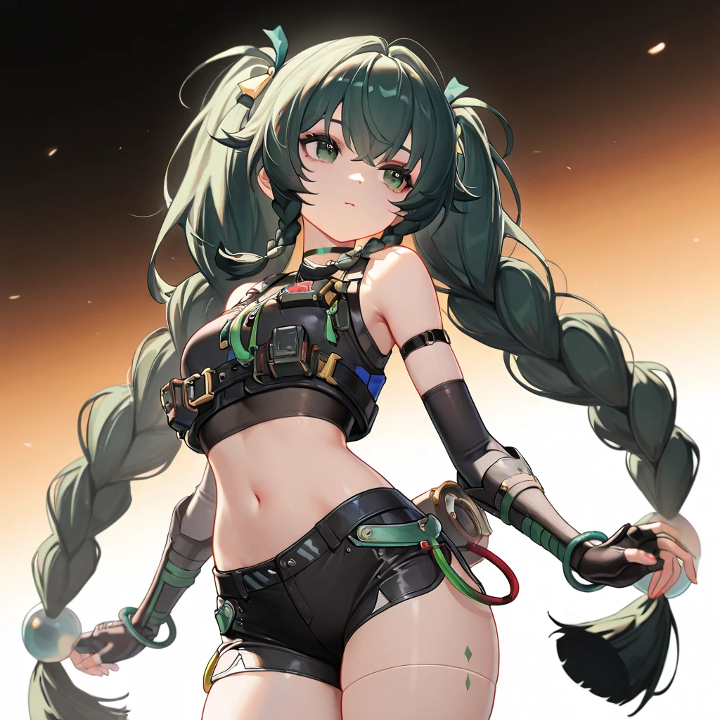 qingyiSDXL,1girl,long hair,gloves,bare shoulders,twintails,very long hair,green eyes,braid,green hair,shorts,black gloves,fingerless gloves,twin braids,crop top,short shorts,black shorts,joints, (best quality,4k,8k,highres,masterpiece:1.2),ultra-detailed,intricate details, high fashion, dramatic lighting, warm colors, chiaroscuro