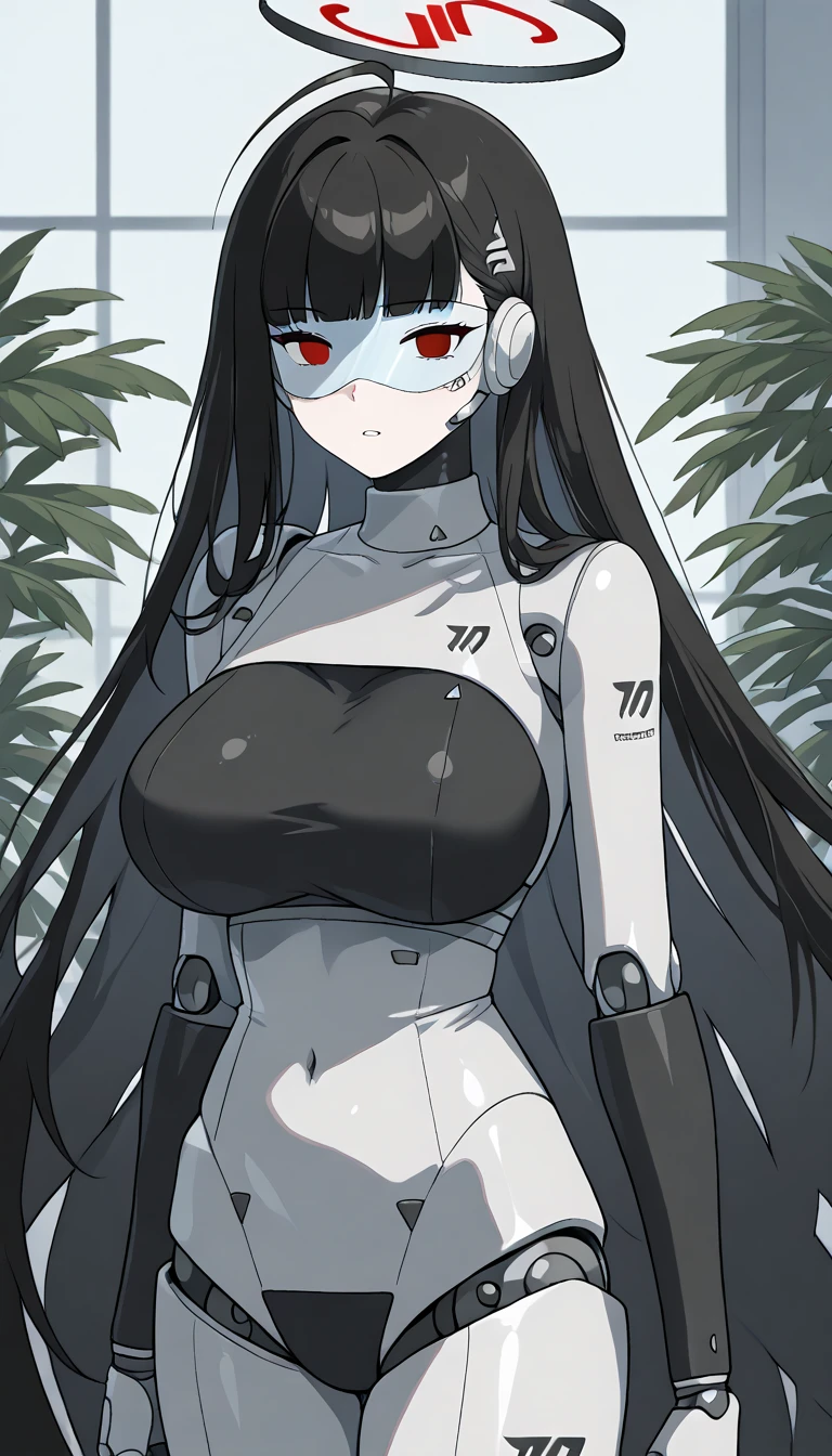 masterpiece, best quality, extremely detailed, (8K, 4K, Best Quality, hight resolution, 超A high resolution:1.1), ,8k portrait, Japaese android Girl,Plump , dark black leg cover,announcer,control panels,android,Droid,Mechanical Hand, Robot arms and legs, Black Robot Parts,Black long hair,Mechanical body,Blunt bangs,perfect mechanical abdomen,White robotics parts,perfect robot woman,future laboratory,cyber pank,charging spot,laboratory,long tube,thick cable connected her neck,white ceramic body ,perfect mechanical body, white robot body,lod antenna,mechanical ear cover,android,robot humanoid,black sponge joints,The removable cover is in the groin,The connection port is in the groin,opened chest panel,access panel on the chest,opened breast panel,perfect mechanical breast,perfect black machine body,perfect black android body,She has repaired,assembly plant,no human skin,visor,mistyrobot,rio(blue archive),robot joint,doll joint,black robot legs,usb ports in the side of neck,empty eyes,malfunction,tight bodysuit