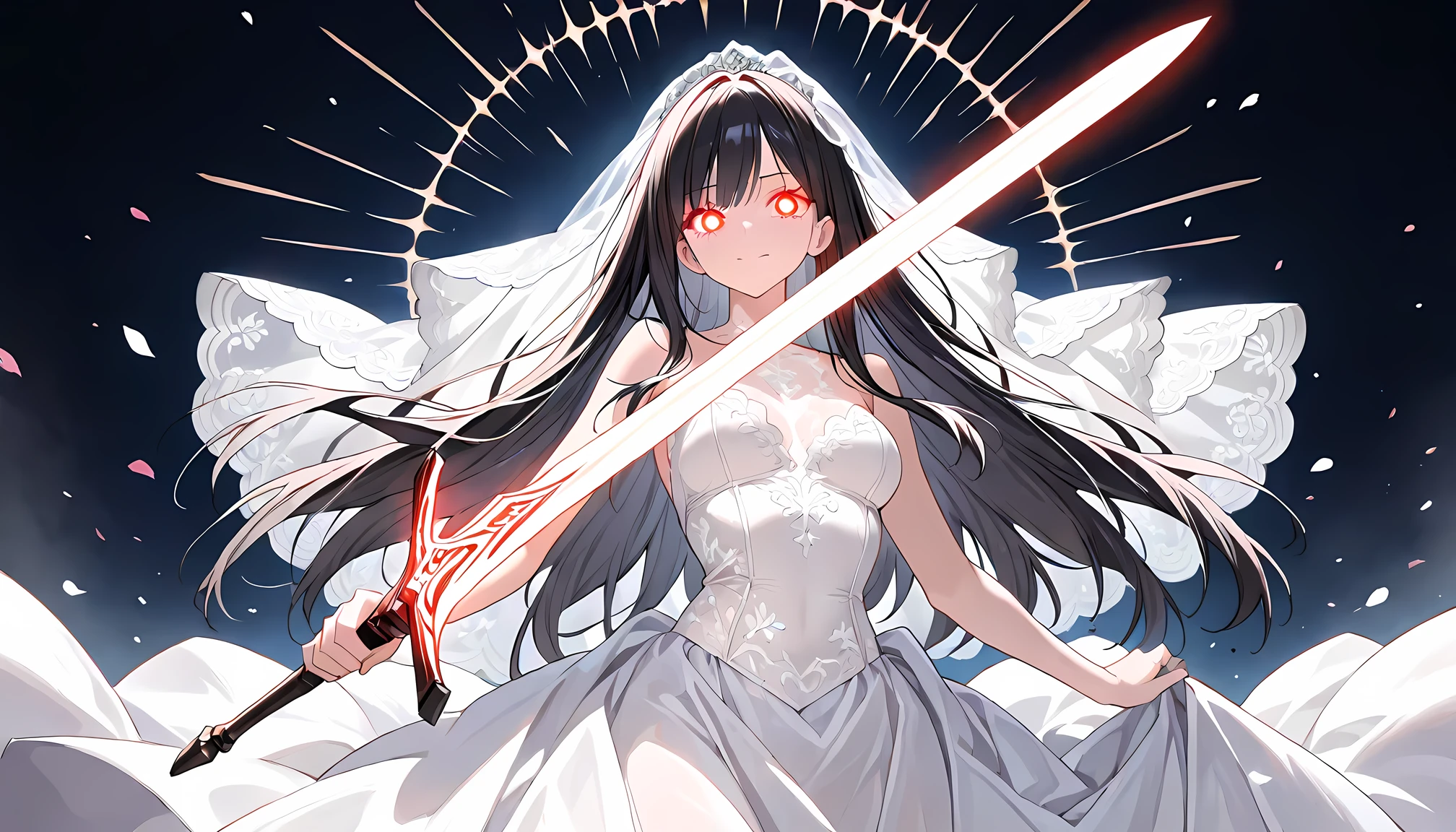 ((best quality)), ((masterpiece)), (detailed), perfect face, (best quality), (detailed skin:1.3), (intricate details), A beautiful woman with a glowing sword, Glowing Eyes, long black hair, light clothing, Pale Light, Illumination, wedding dress